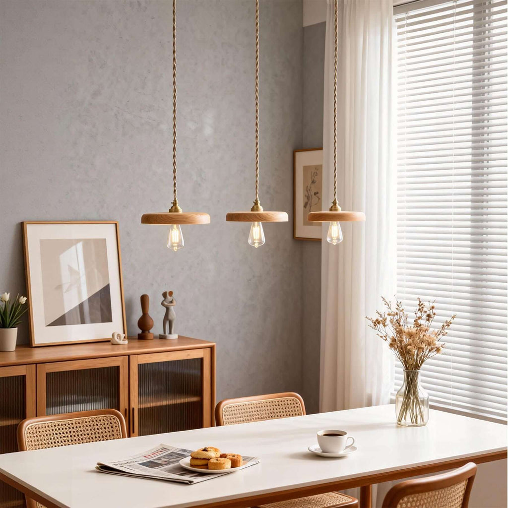 Xovira Wood Pendant Light | Retro Flat Disc Porch Hanging Lamp