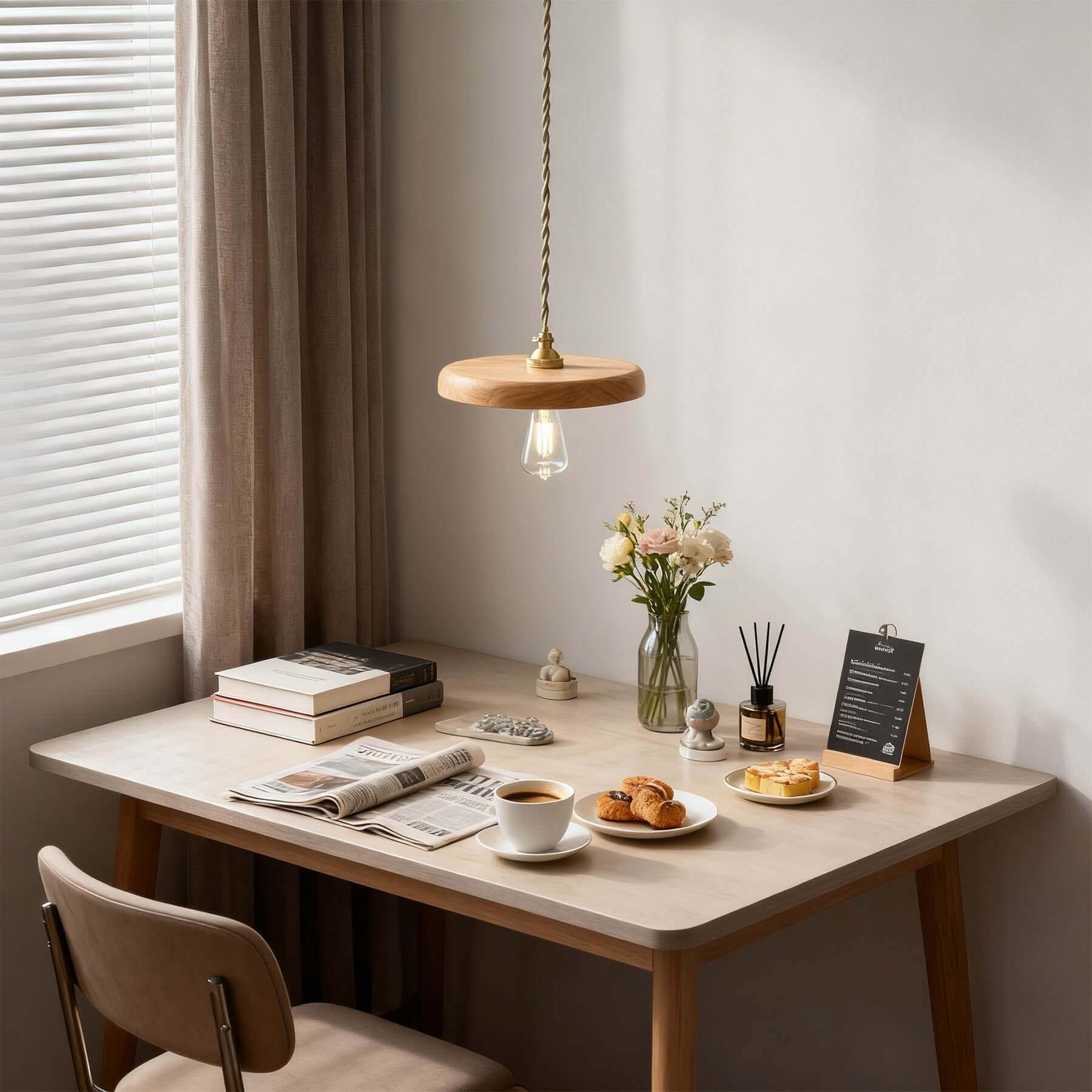 Xovira Wood Pendant Light | Retro Flat Disc Porch Hanging Lamp