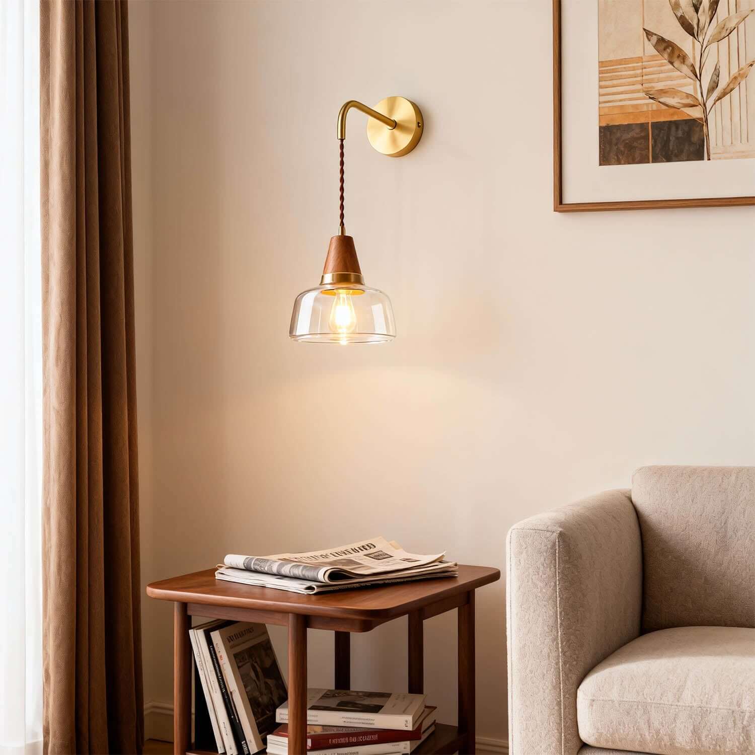 Zevoni Glass & Wood Wall Light | Wabi-Sabi Bedside Sconce