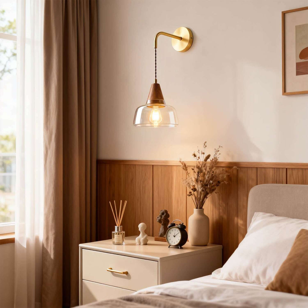 Zevoni Glass & Wood Wall Light | Wabi-Sabi Bedside Sconce