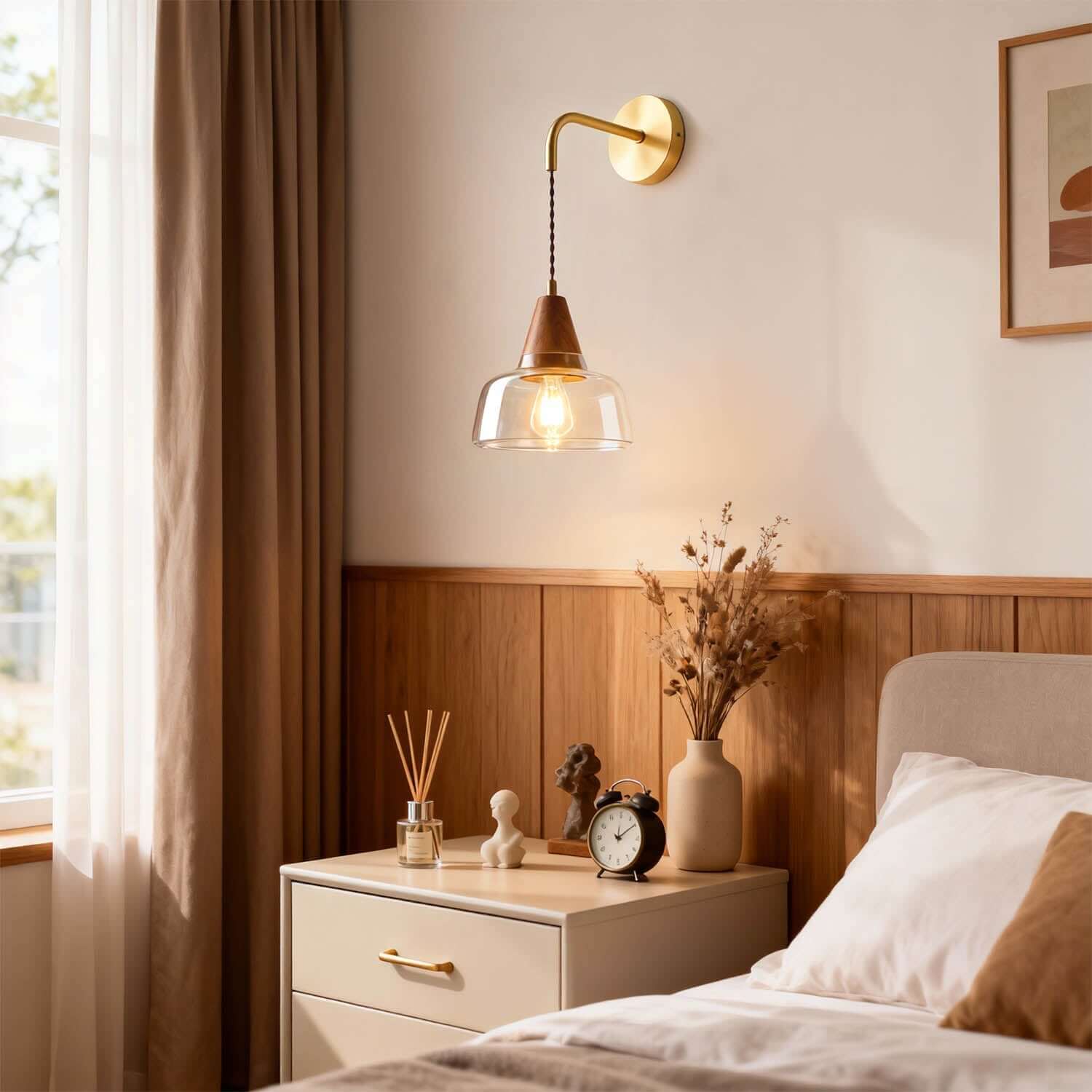 Zevoni Glass & Wood Wall Light | Wabi-Sabi Bedside Sconce