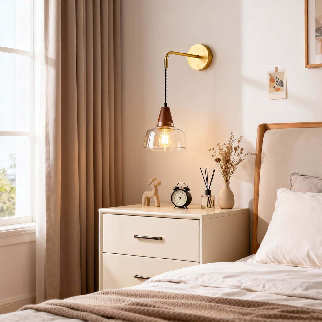 Zevoni Glass & Wood Wall Light | Wabi-Sabi Bedside Sconce