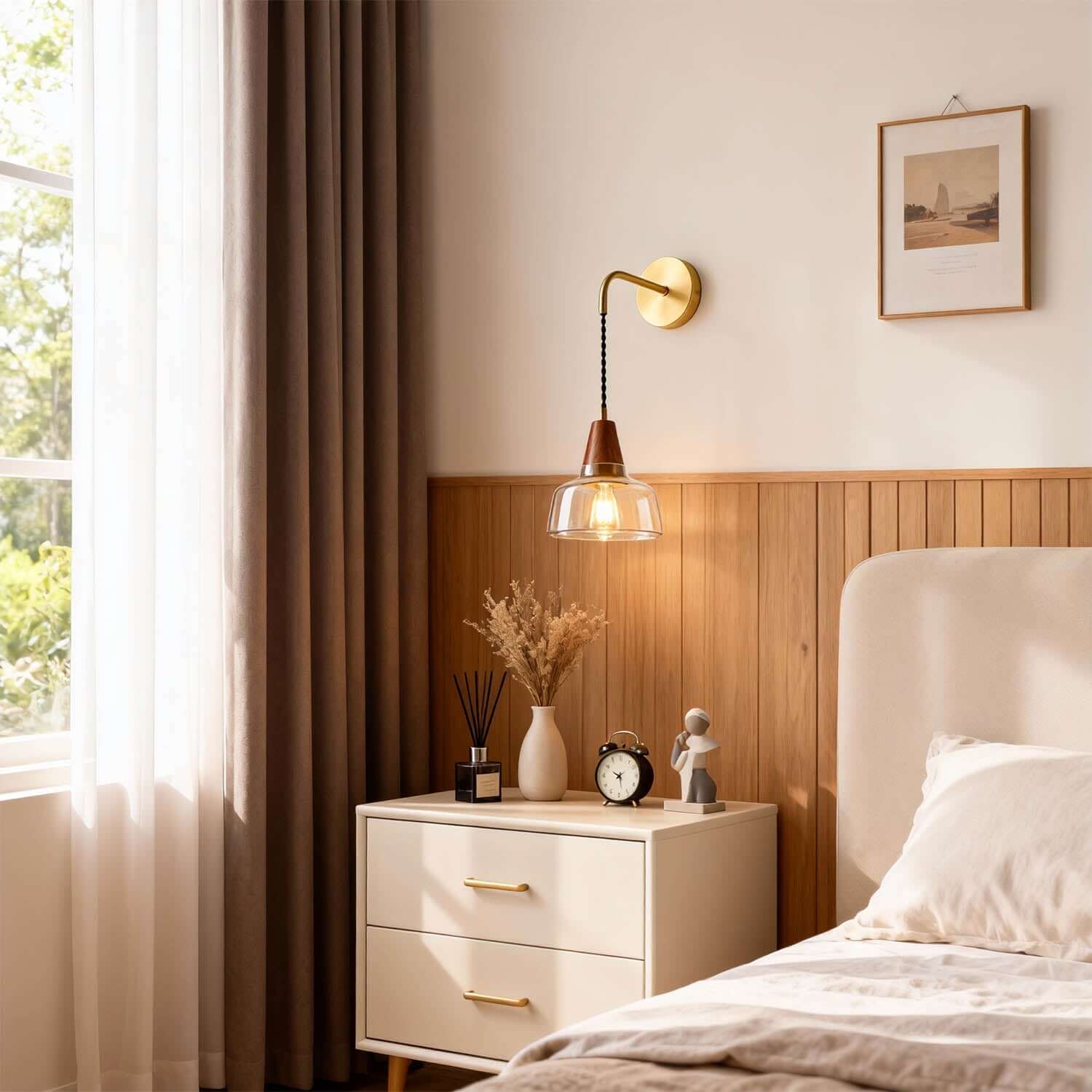 Zevoni Glass & Wood Wall Light | Wabi-Sabi Bedside Sconce