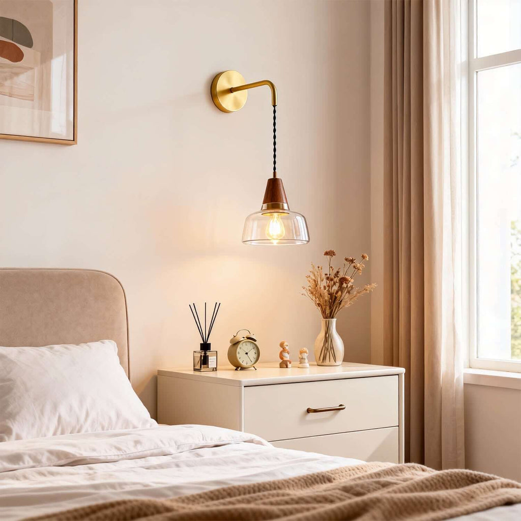 Zevoni Glass & Wood Wall Light | Wabi-Sabi Bedside Sconce