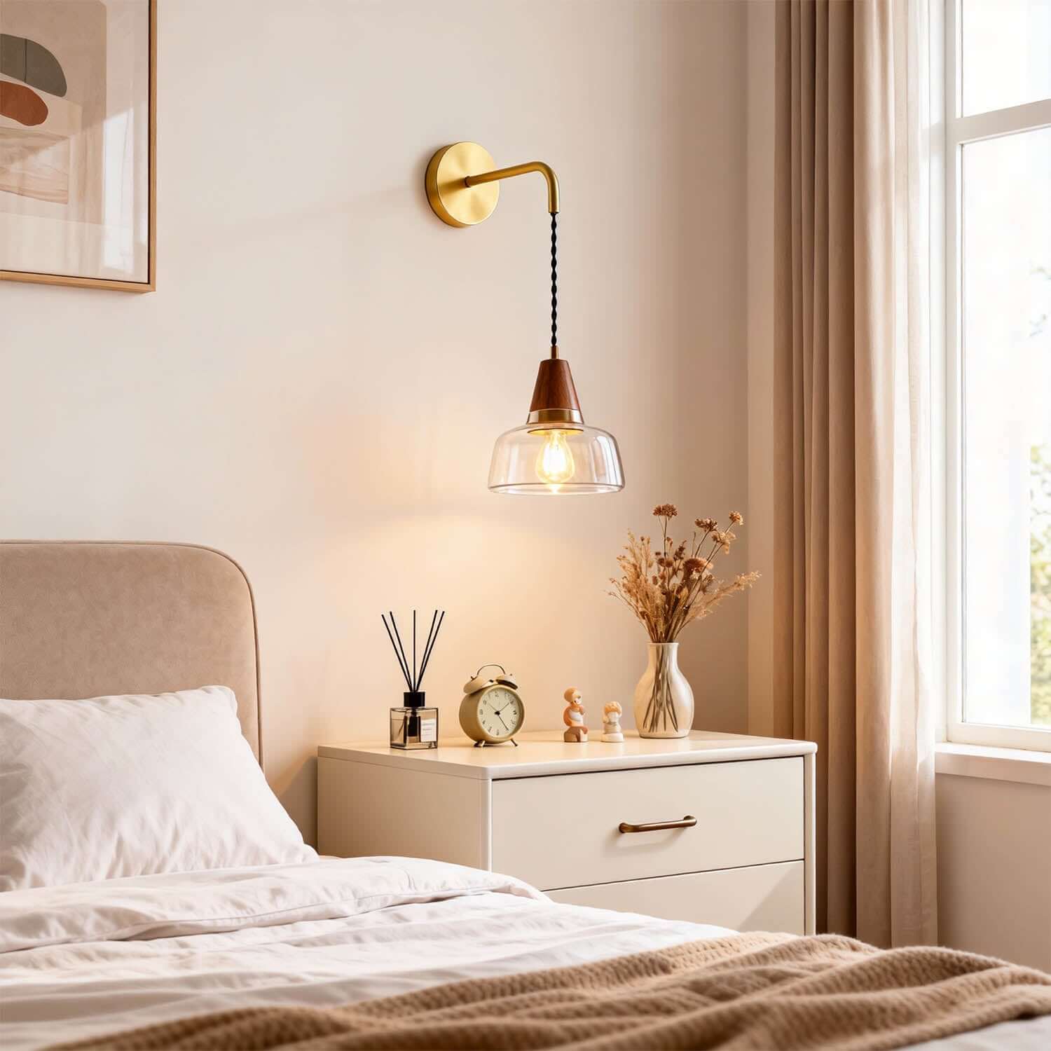Zevoni Glass & Wood Wall Light | Wabi-Sabi Bedside Sconce