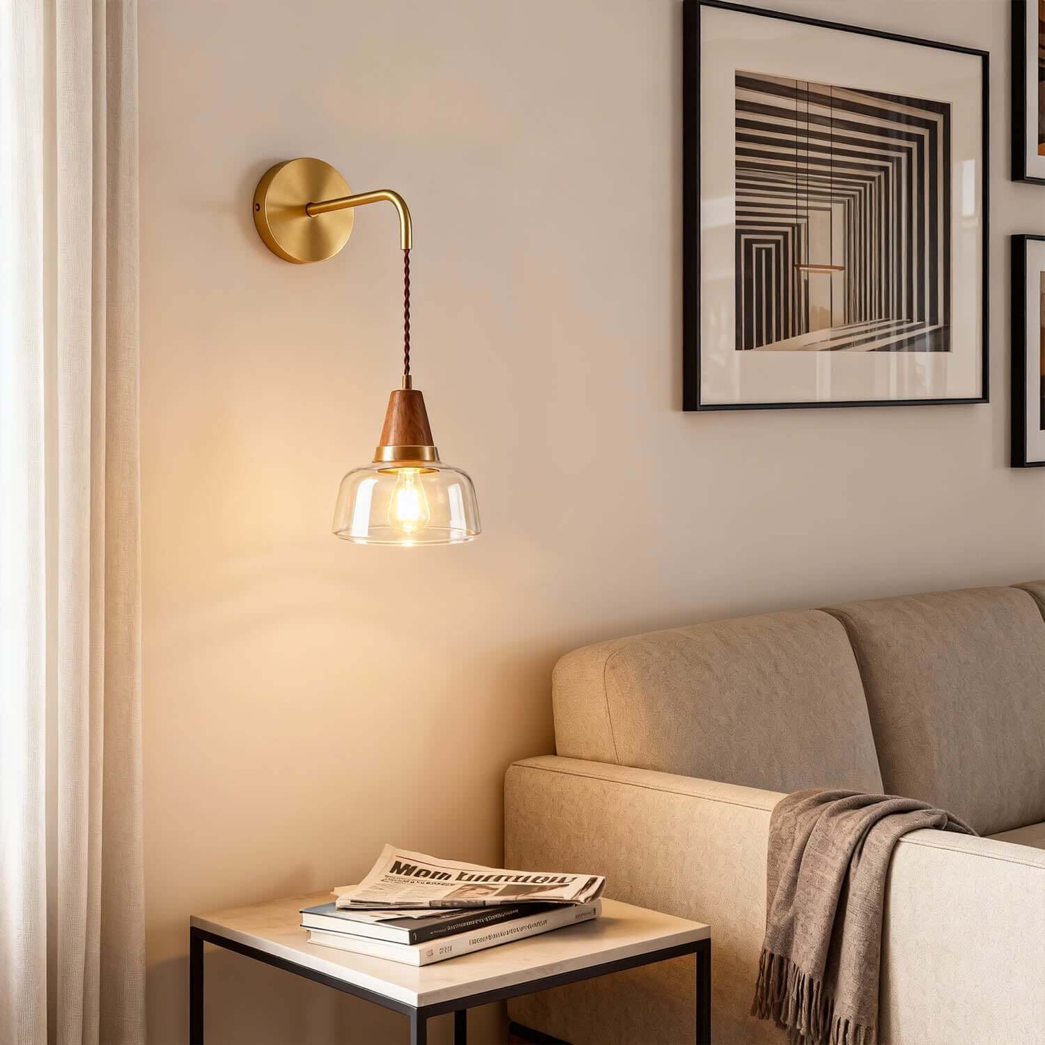 Zevoni Glass & Wood Wall Light | Wabi-Sabi Bedside Sconce