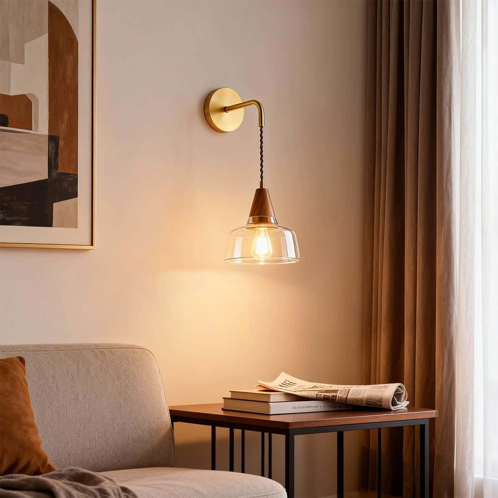 Zevoni Glass & Wood Wall Light | Wabi-Sabi Bedside Sconce