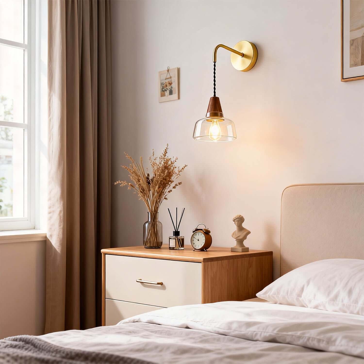 Zevoni Glass & Wood Wall Light | Wabi-Sabi Bedside Sconce